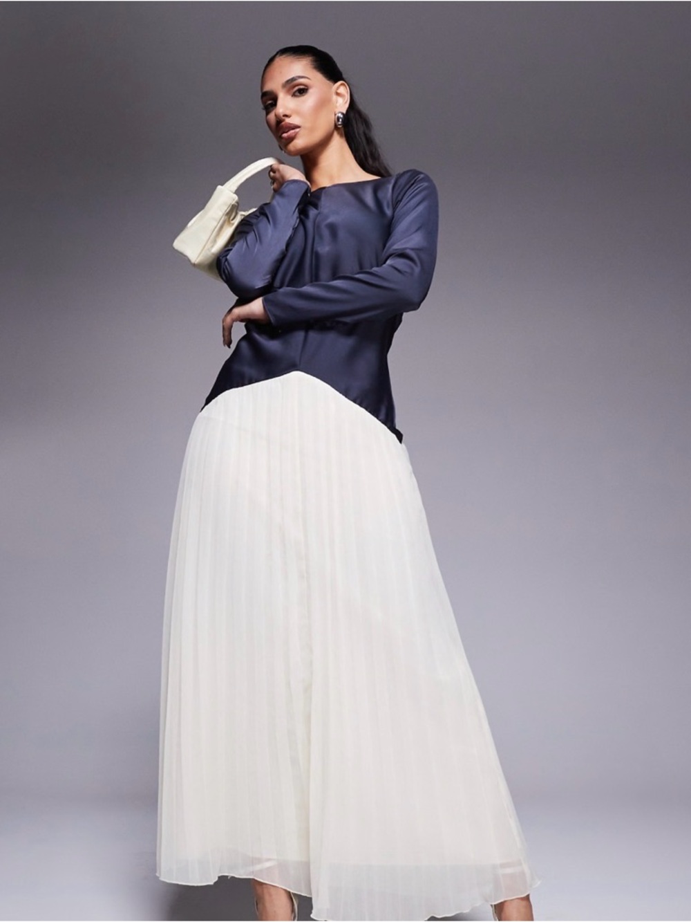 ASOS Navy and White Pleated Maxi Skirt